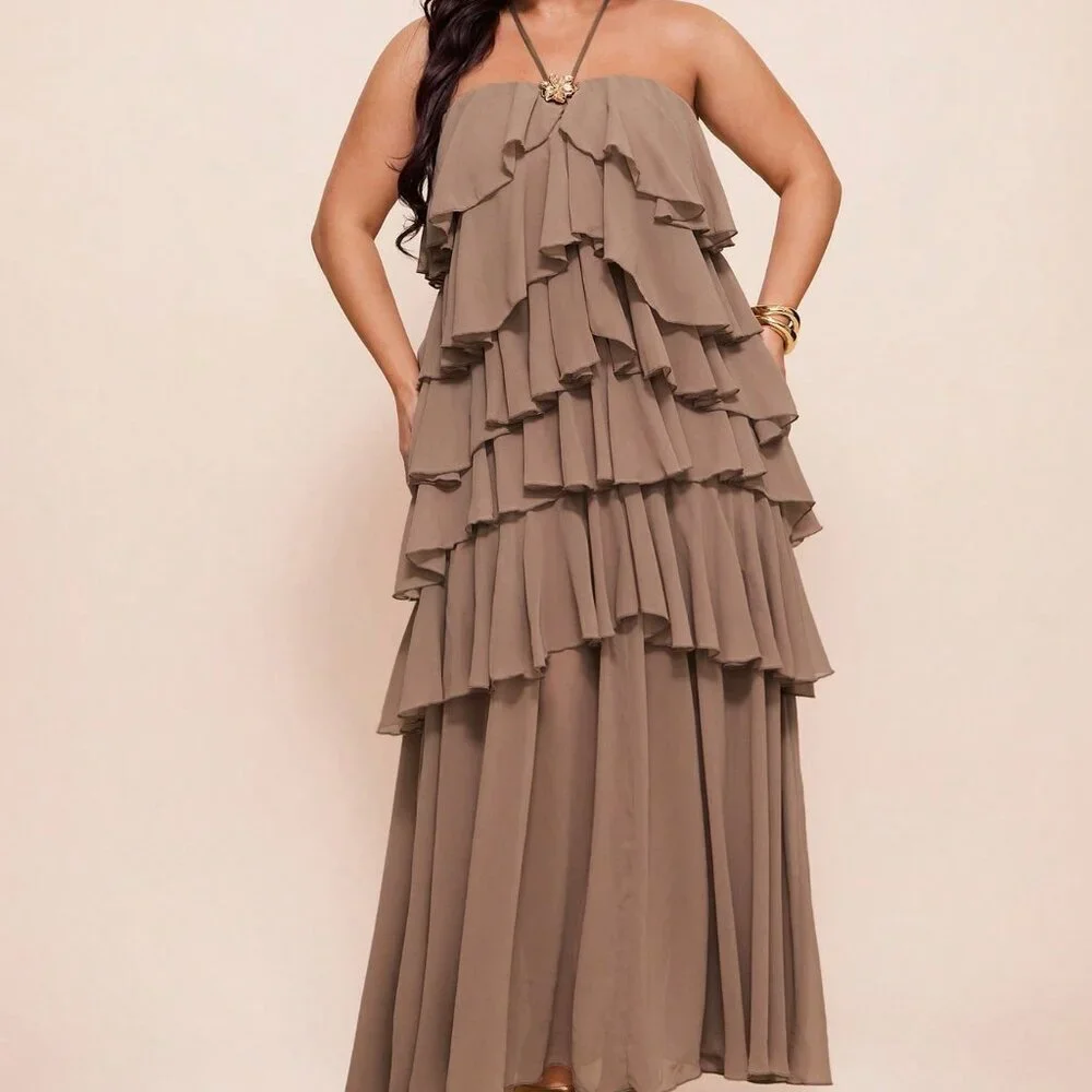 Coffee Brown Casual Women's Plus Size Color Multi-Layer Halter Dress - Picture 5 of 7